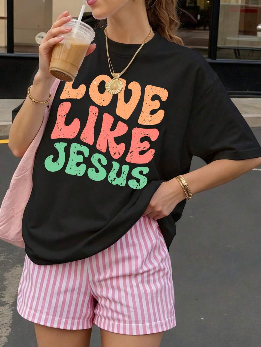 Camiseta Negra con Estampado Love Like Jesus para Mujer Verano Casual - Negro - Ver 1