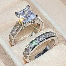 Bộ 2 nhẫn đính hôn cho nữ, 9.7g bạc sterling 925, kiểu dáng cổ điển 4 chấu, đá zirconia tổng hợp hình vuông, trang sức cầu hôn thanh lịch cho cô dâu. - Vàng - Xem 9