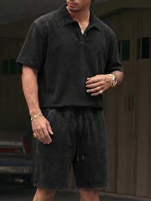 Men's Washed Waffle Polo Shirt And Shorts Casual Set, Summer - Black - View 1