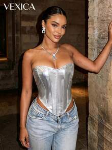Top bandeau versátil de plata para mujer - Plateado - Ver 3