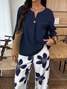 Conjunto de camisa de unicolor y pantalones con estampado floral para vacaciones - Naranja Quemada - Ver 10