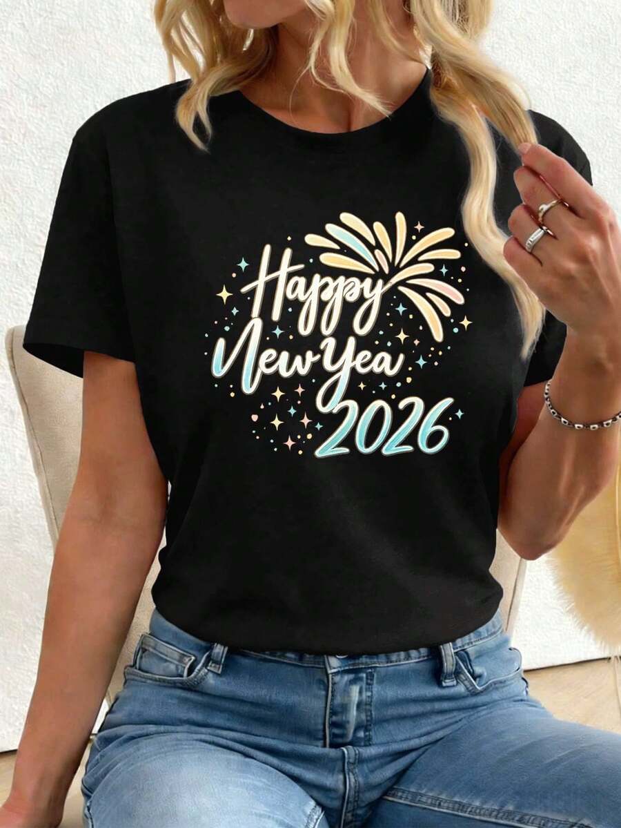 T-shirt da donna "Buon Anno Nuovo 2026" in cotone di alta qualità, vestibilità comoda, stile street hip-hop, traspirante, nuovo arrivo. - nero - Visualizzare 1