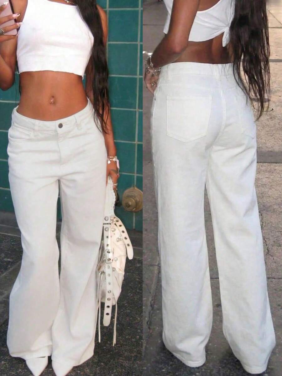 Women's Straight Leg Jeans, Classic Button Front Slit Pockets, Casual Comfortable Everyday Versatile Denim Pants - White - View 1