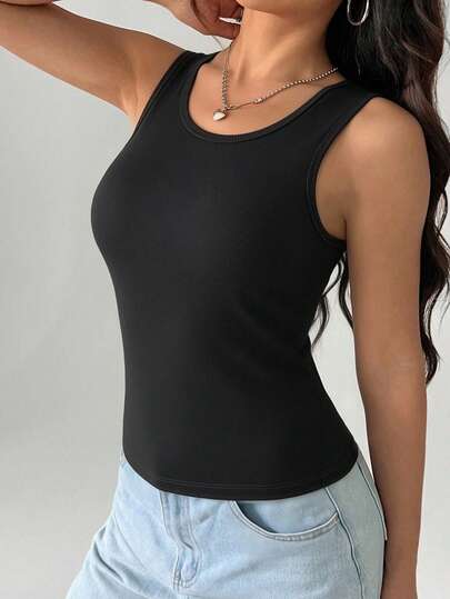 Áo tank top nữ cổ tròn, chất liệu gân, kiểu dáng đơn giản, thoải mái, tối giản, màu trơn, không tay, phù hợp cho mọi mùa.