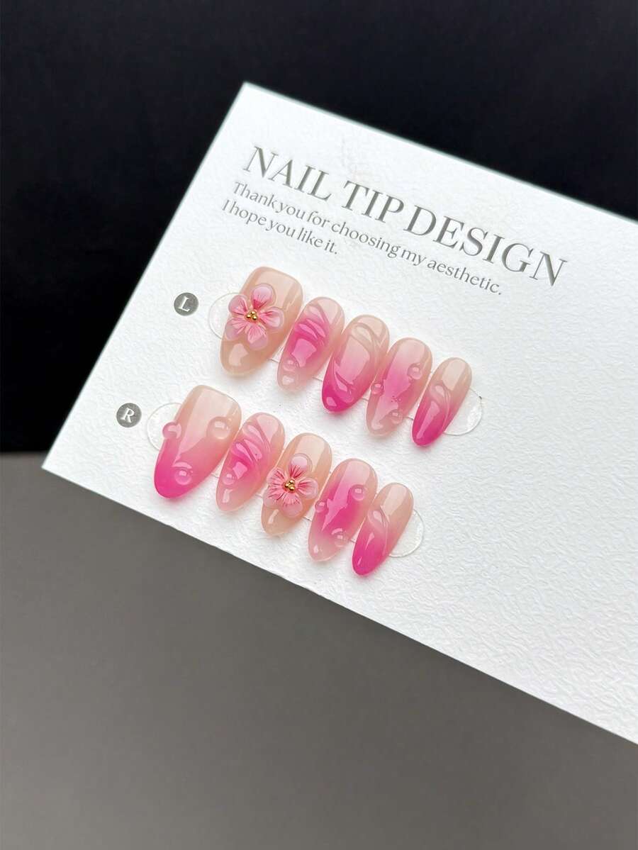 10pcs Handmade Short Almond-Shaped Press-On Nails, Romantic & Cute Style With Hand-Painted Nude Pink To Deep Rose Red Ombre Design - Multicolor - View 1