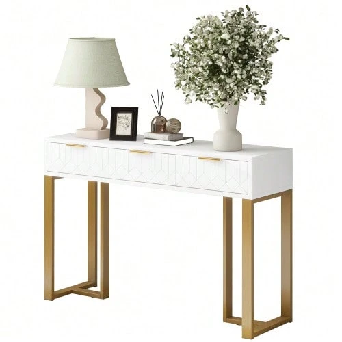 Modern Console Table With Drawers, Gold Frame, Adjustable Feet And Elegant Handles (White + Gold) - White - View 1