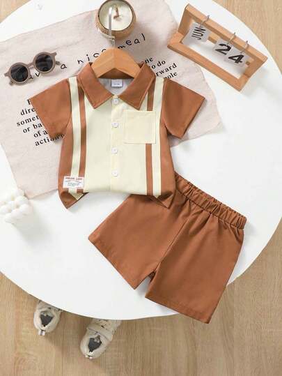 2pcs/Set Baby Boy Striped Patchwork Contrast Color Lapel Pocket Short Sleeve Shirt Paired With Elastic Waist Shorts, Suitable For Casual Daily & Outdoor Wear, Spring/Summer