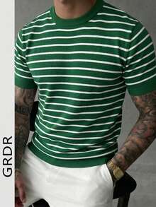 GRDR 1件男士夏季至初秋圆领条纹针织短袖衬衫，休闲户外服饰 - 綠色 - 查看 4