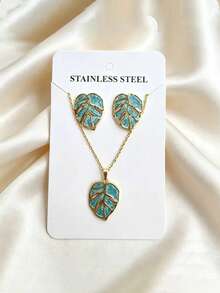 一套浸油叶子造型不锈钢项链和耳环，优雅高贵，适合日常佩戴，母亲节礼物 - 樹葉 - 查看 9