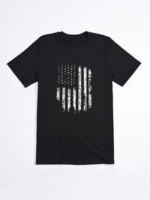 Camiseta Oversize Negra con Estampado de Bandera Americana para Verano Casual - Negro - Ver 2