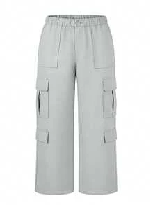 Light Gray Button Pocket Elegant Casual Commute Minimalist Cute Y2K Loose Straight Leg Non-Stretch Comfortable Plus Size Cargo Pants, Suitable For Teacher's Day, Graduation, Outing, Club, Office, Gym, Beach, School, Birthday Party, Travel, Country Music Festival, Airport, Spring/Summer/Autumn/Winter - Light Grey - View 5