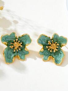1 Pair European And American Fashion 3D Alloy Vintage Colorful Enamel Green Flower Stud Earrings - Green - View 4