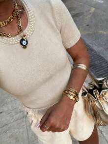 Elestia 女士珍珠装饰船领短袖上衣，简约优雅休闲派对通勤度假外出毛衣，春夏秋季 - 杏色 - 查看 6