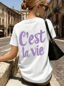 女士法式极简主义“C'est La Vie”字母印花短袖T恤，休闲舒适百搭圆领上衣，时尚春夏服饰，适合日常通勤和度假穿着，大码白色T恤 - 白色 - 查看 2