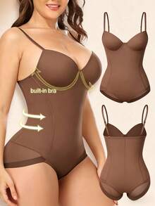 1 pieza Shapewear para mujer, Corsé para mujer, Bustier ajustado con copas de sujetador, Diseño de 3 hileras de ganchos, Malla sexy y de moda, Acentúa las curvas del Body, Adelgaza la cintura, Realza el trasero, Soporte de cintura, Moldeado del busto, Se puede usar como prenda exterior, Shapewear multifuncional, Lencería moldeadora cómoda, Tela elástica y ligera, Mantiene la figura femenina - Café integral - Ver 12
