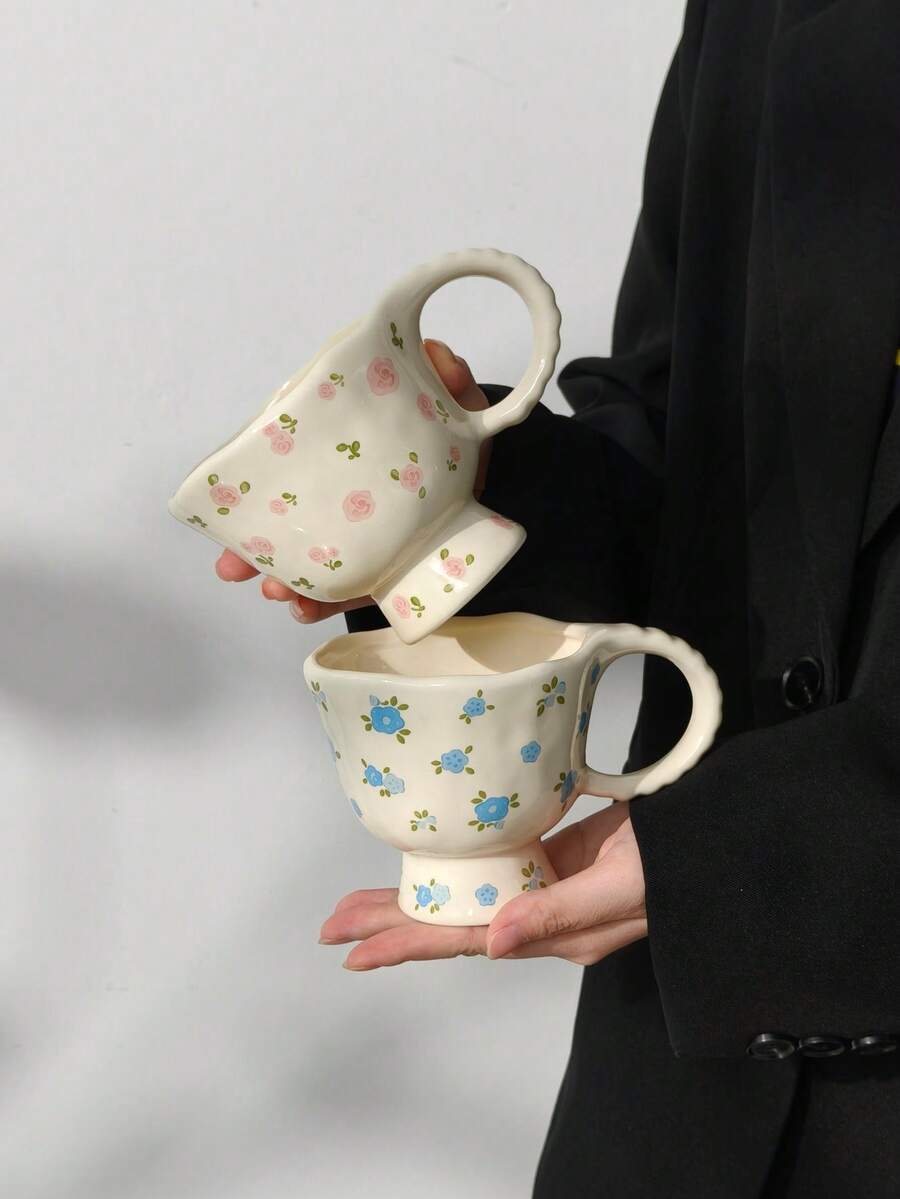 1个手工花卉陶瓷咖啡杯,300毫升容量,可爱花卉印花,带底座;不对称复古风格奶茶杯,珍珠手柄;家用及办公饮品杯;微波炉及洗碗机适用;送给女孩的理想礼物 - 彩色 - 查看 1