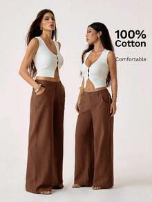 PETITE Pantalones rectos de cintura baja de 100% algodón lavado, pantalones de lino para mujer, pantalones de verano, pantalones anchos de mujer, pantalones de verano, otoño y ropa de otoño para mujer - Marrón - Ver 7