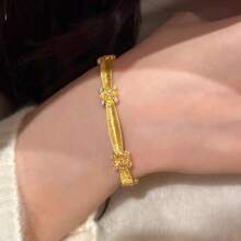 18K Gold Plated Brushed Finish Vintage Osmanthus Flower Zirconia Inlaid Bangle Bracelet For Women, New Chinese Style Luxury - Gold - View 5
