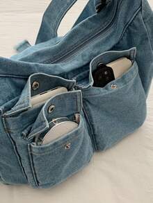 New Style Casual Solid-Color Multi-Pocket Jeans Crossbody Bag: Versatile, Large-Capacity Shoulder Bag, Crescent-Shaped Bag, Retro Hobo Bag-Perfect For Work, Commuting, Shopping, Travel, And Everyday Use - Blue - View 3