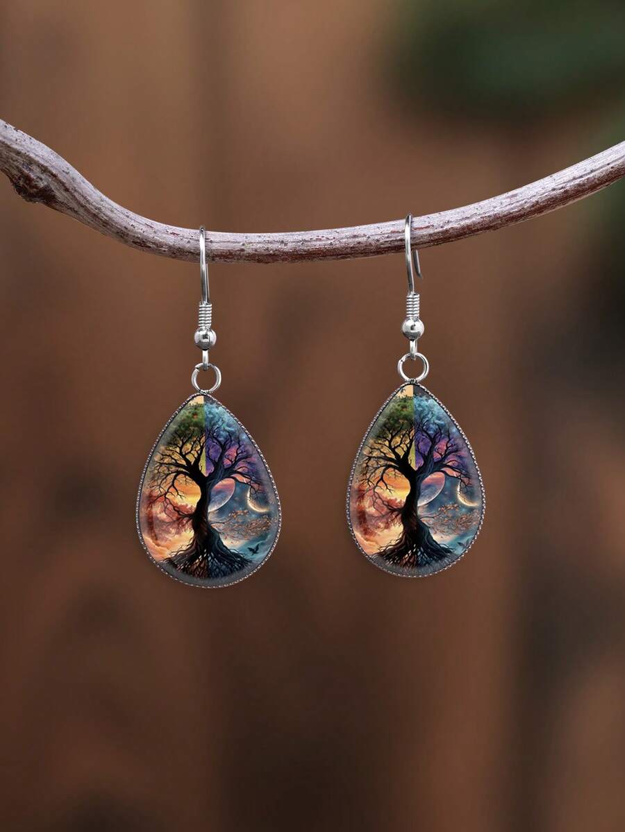 1 Pair Vintage Minimalist Sun & Moon Tree Of Life Pattern 316 Stainless Steel Water Drop Ear Hooks, Suitable For Women's Daily Wear - Multicolor - View 1
