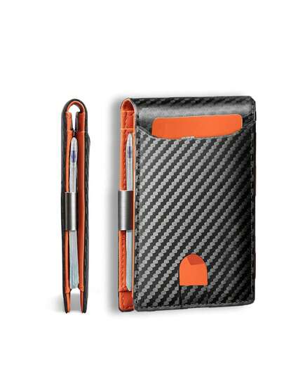 HOVI'S Men's Slim Carbon Fiber Wallet With Microfiber Lining - Casual Style, Synthetic Leather Credit Card Holder, Multiple Slots, Zippered Cash Pocket, Pen Loop, Dry Clean, Card Holder Wallet, Suitable For Women