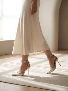 Women's Rhinestone Studded Strap Pumps Ankle Strap Stiletto High Heels Pointed Toe Sandals Dress Shoes For Ladies Bridal Dance - 白色 - 查看 2