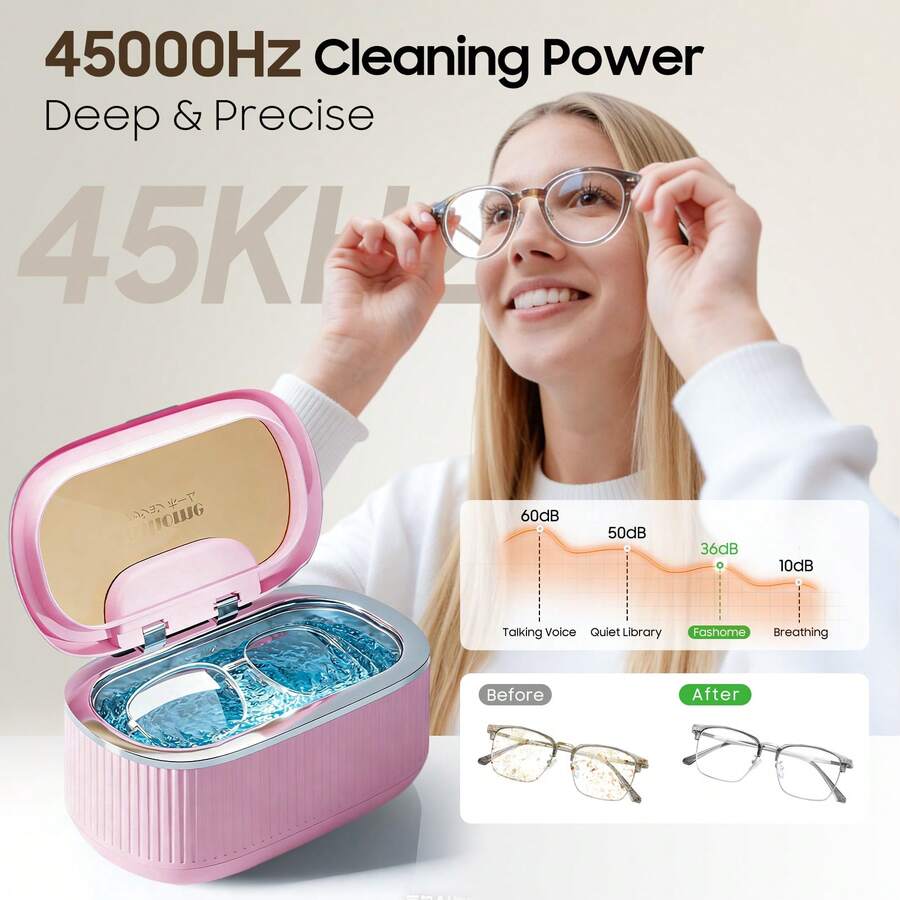 45kHz Ultrasonic Jewelry Cleaner Machine, 550ML Stainless Steel  Cleaner 5 Digital Timers, 3 Power Levels, Degas Mode & 2*100ml Solution, Professional Cleaner For Rings, Glasses, Watch Bands - Pink