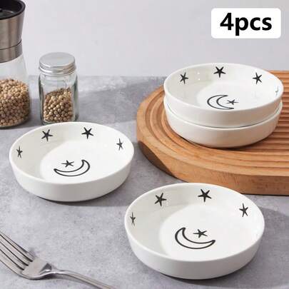 Bộ 4 đĩa sushi nhỏ kiểu Nhật 5 inch, thiết kế hình trăng sao, đĩa tráng miệng bằng gốm, đĩa khai vị, đĩa phục vụ nhỏ cho các món ăn kèm, gia vị, sushi, món khai vị, món tráng miệng.