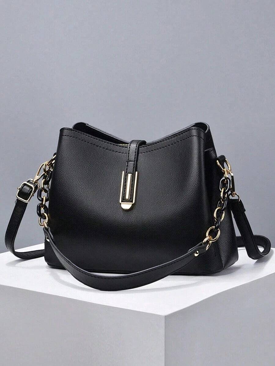 Fashionable Solid Color Women Handbag, Women Chain Shoulder Bag, Women PU Leather Shoulder Bag & Phone Wallet, Bucket Wallet , Office Bag - Khaki - View 1