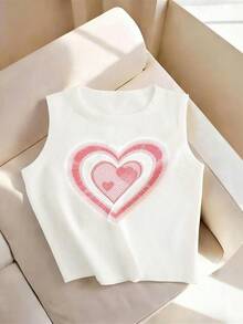 T-shirt Freeform printemps/été, débardeur tricoté pour femmes, coupe ample de longueur régulière, élégant minimaliste polyvalent pour le travail et les déplacements, style coréen gilet tricoté côtelé avec graphique cœur rouge - Blanc - Voir 4