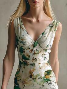 Sleeveless Midi Dress With V-Neck, Ruffles, Retro Green Print - Green - View 2
