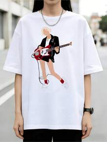 Bassist Girl Cool Illustration Graphic Unisex Cotton T-Shirt - White - View 6