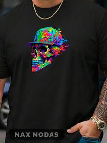 Stylish Modern Men's Plus Size Streetwear T-Shirt With Colorful Skull Print, Crew Neck, 100% Cotton, Comfortable Breathable Fabric, Suitable For Gym Or Casual Wear (Sizes G1, G2, G3, G4, G5) - 黑色 - 查看 2