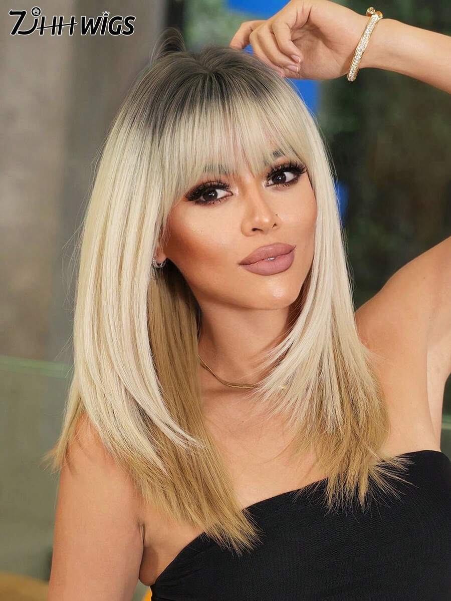 7JHH WIGS Ombre Blonde Layered Wig With Bangs For Women 18 Inch Elegant Shoulder Length Straight Wig With Brown Ends Dark Roots, Natural Looking Soft Heat Resistant Fluffy Glueless Synthetic Fiber Wig For Daily Wear, Beginners Wigs Accessories, Mother's Day Gifts - 漸變金色 - 查看 1