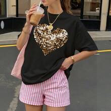 Camiseta Negra con Corazon de Lentejuelas Doradas para Mujer Estilo Casual Verano - Negro - Ver 3