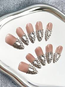 10pcs Handmade French Style Pointed Nail Stickers, Colorful Fingertips, Rhinestone Inlaid, Hand-Painted Creative Patterns And 3D Art Design, Full Coverage Glitter False Nails, Suitable For Dates, Parties, Gatherings, Outings And Special Occasions - Multicolor - View 1