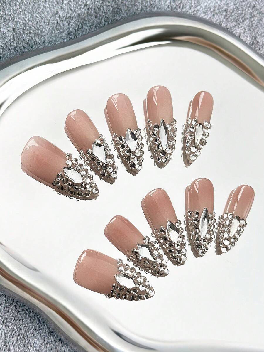 10pcs Handmade French Style Pointed Nail Stickers, Colorful Fingertips, Rhinestone Inlaid, Hand-Painted Creative Patterns And 3D Art Design, Full Coverage Glitter False Nails, Suitable For Dates, Parties, Gatherings, Outings And Special Occasions - Multicolor - View 1