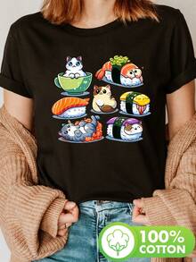 Anime Sushi Cat Print T-Shirt, Casual Short Sleeve Crew Neck Top For Summer And Spring, Women's Clothing - màu đen - Xem 6