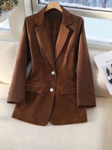 Blazer de terciopelo para mujer, diseño de cuello hueco de solapa clásica de doble botonadura, estilo urbano chic para combinar, adecuado para oficina de negocios, bar, fiesta, moda y fotografía callejera - Marrón - Ver 1