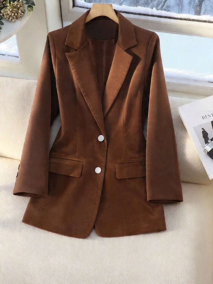 Blazer de terciopelo para mujer, diseño de cuello hueco de solapa clásica de doble botonadura, estilo urbano chic para combinar, adecuado para oficina de negocios, bar, fiesta, moda y fotografía callejera - Marrón - Ver 1