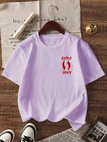 1pc Tween Girl Oversized Summer Tee, Eggplant Purple Chili Pepper Checkerboard Letter Print Short Sleeve Casual Breathable Round Neck Top, Daily Wear & School - Purple - View 4