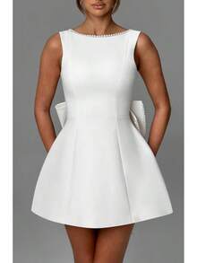 Women's Summer Pearl Bow Backless A-Line Mini Dress Sexy Slim Fit Party Wedding Guest Outfit 2026 Pearl Bow Backless A-Line Mini Dress Sexy Slim Fit Party Wedding Guest Outfit 2026 - trắng - Xem 4