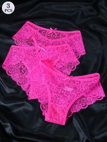 3pcs/Set Women's Low Waist Lace Sexy Thong Panties - Hot Pink - View 3