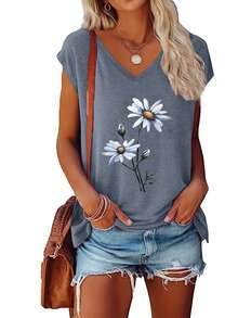 2 buah Kaos V-Neck Polos, Kaos Lengan Pendek Kasual untuk Wanita, Musim Semi/Panas - MultiWarna - View 3