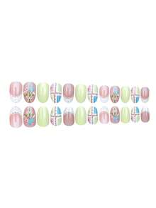 24pcs Fresh Cream-Yellow French Lace Polka Dot Handpainted Floral Acrylic Press-On Nail Stickers Set, Includes 1 Piece Jelly Gel And 1 Piece Nail File, Easy To Wear, Suitable For Spring/Summer Manicure And French Manicure, Suitable For Women And Girls For Daily Wear And Dates - Multicolor - View 3