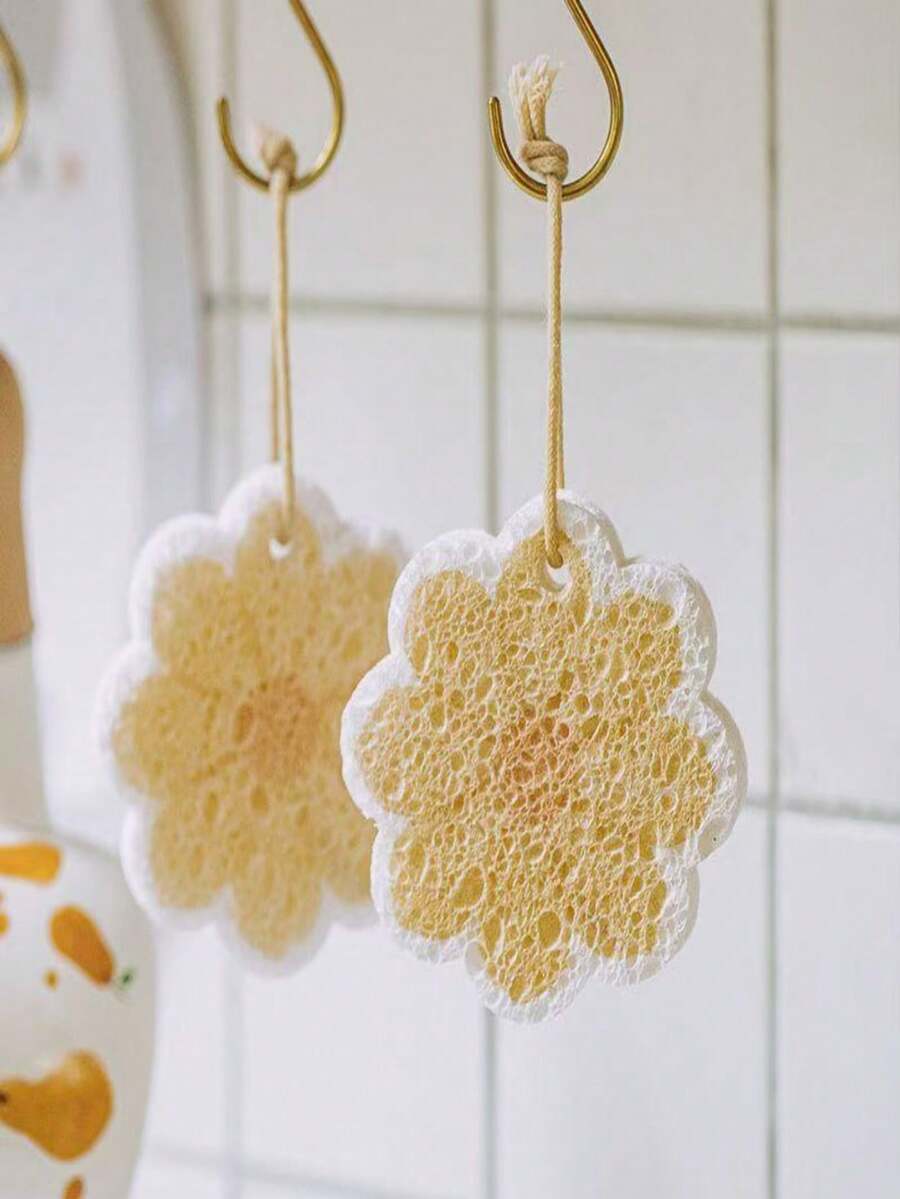 2 miếng bọt biển nén dùng để lau chùi nhà bếp, chất liệu sợi giãn nở, bọt biển rửa chén tái sử dụng, miếng lau không gây trầy xước cho nhà bếp và phòng tắm. - Hoa màu vàng - Xem 1