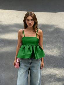 2026 Nuevo Camiseta sin espalda con cuello cuadrado y volantes en color verde dopamina para primavera/verano, conjunto de atuendo para vacaciones de verano, festivales de música, conciertos, cumpleaños, citas y estilo de moda callejera de resort de playa - Verde - Ver 6