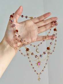 1pc Vintage Fashionable Multi-Layer Crystal Sun Pendant Necklace For Women, Minimalist & Versatile - Gold - View 1