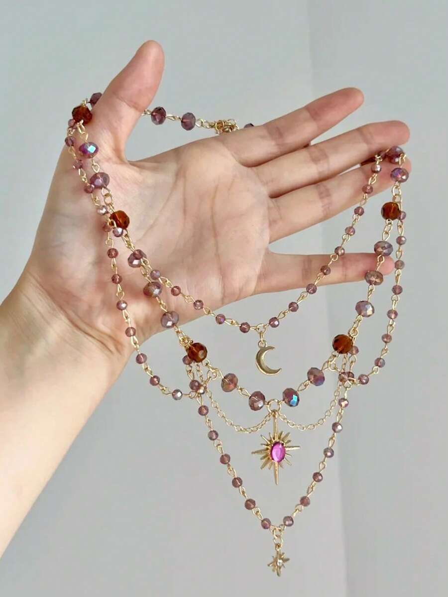1pc Vintage Fashionable Multi-Layer Crystal Sun Pendant Necklace For Women, Minimalist & Versatile - Gold - View 1