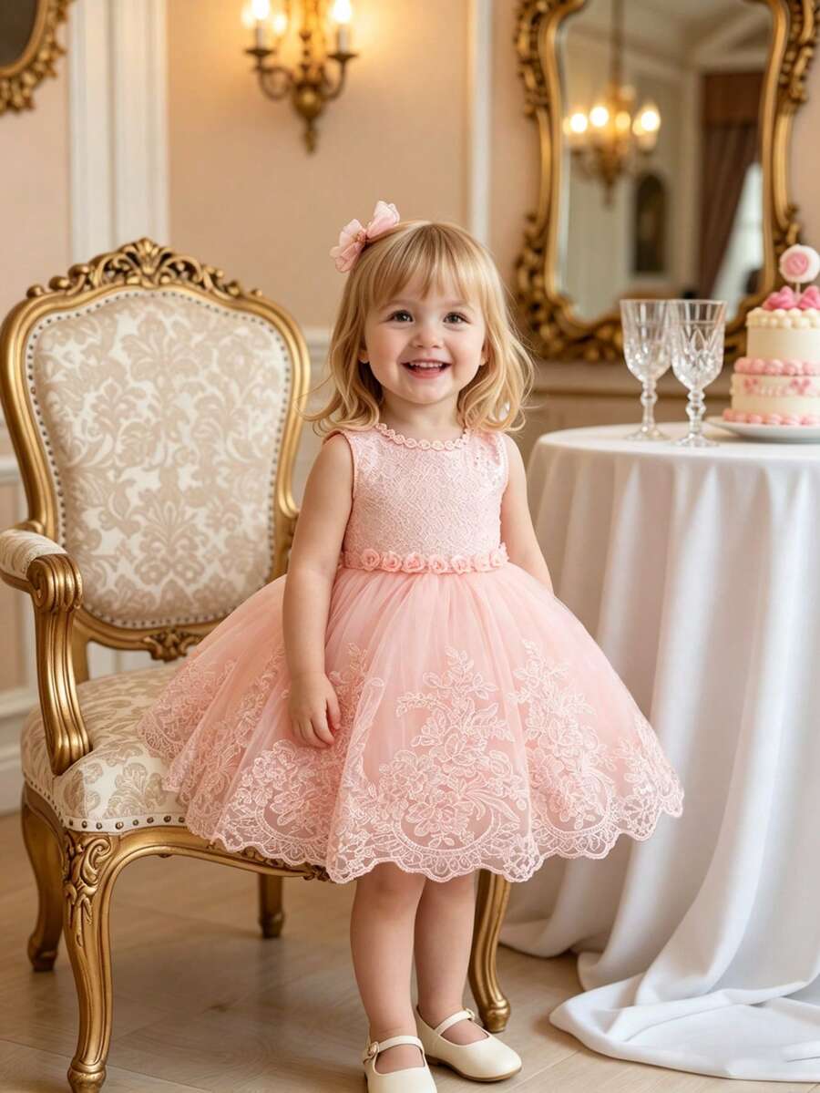 Baby Girls Rose Embroidered Floral Princess Party Dress